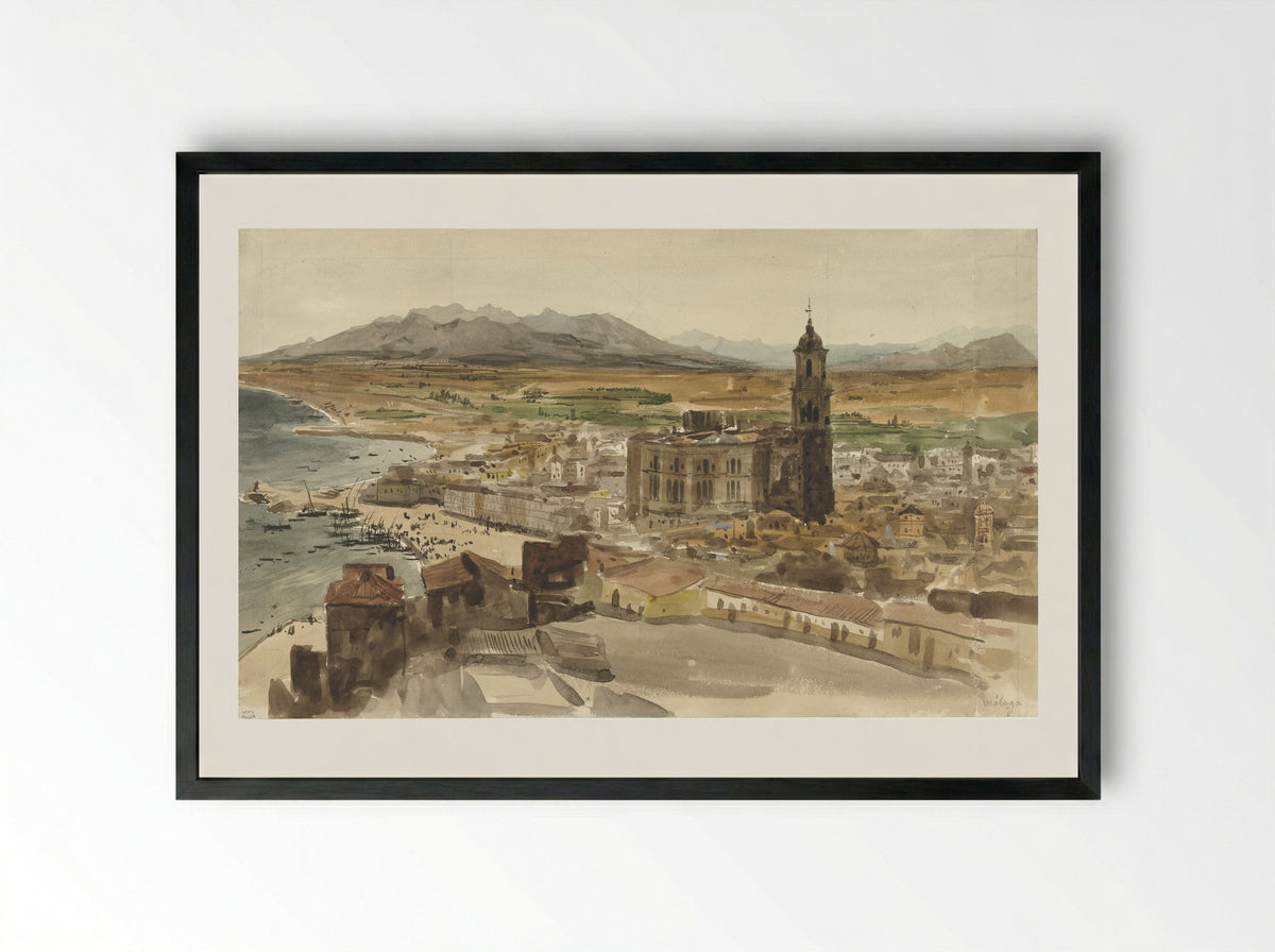 Gezicht op Malaga vanuit het Noorden - Adrien Dauzats - Framed Print Black