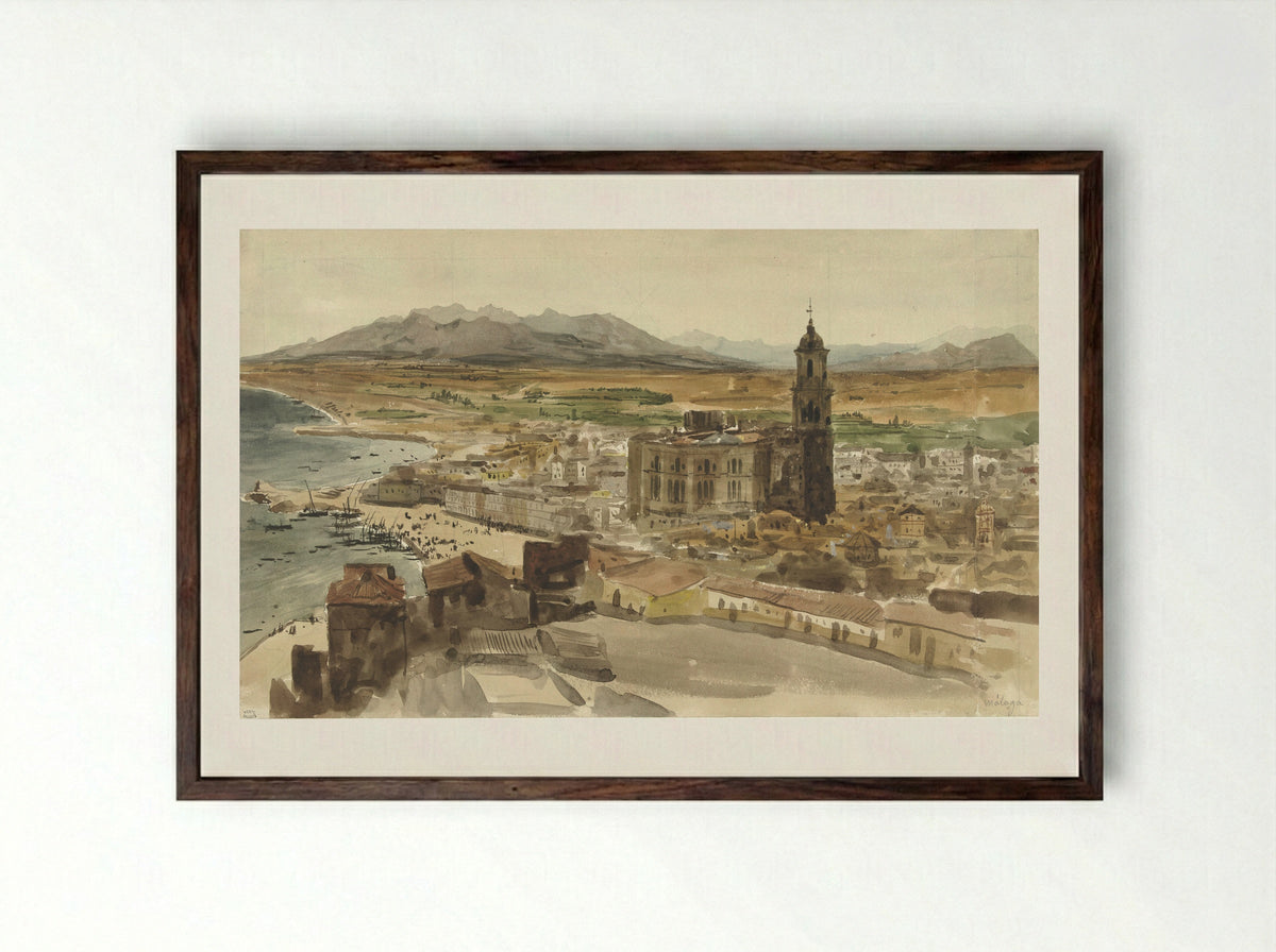 Gezicht op Malaga vanuit het Noorden - Adrien Dauzats - Framed Print Dark Wood