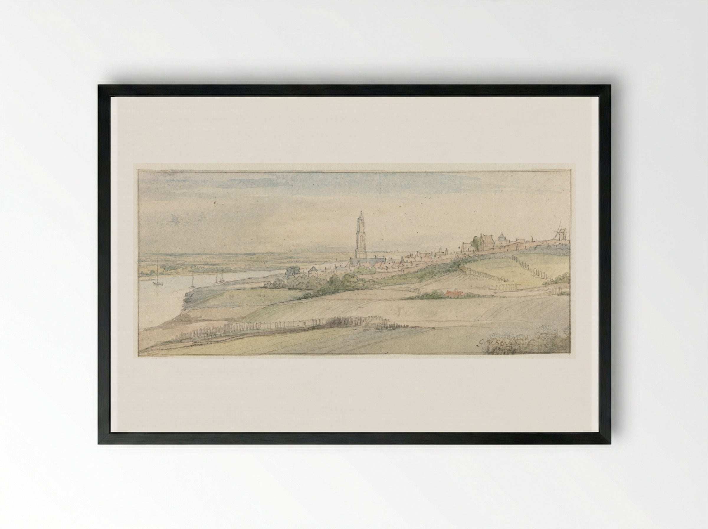 Gezicht op Rhenen en de Rijn vanuit het oosten - Gerbrand van den Eeckhout - Framed Print Black