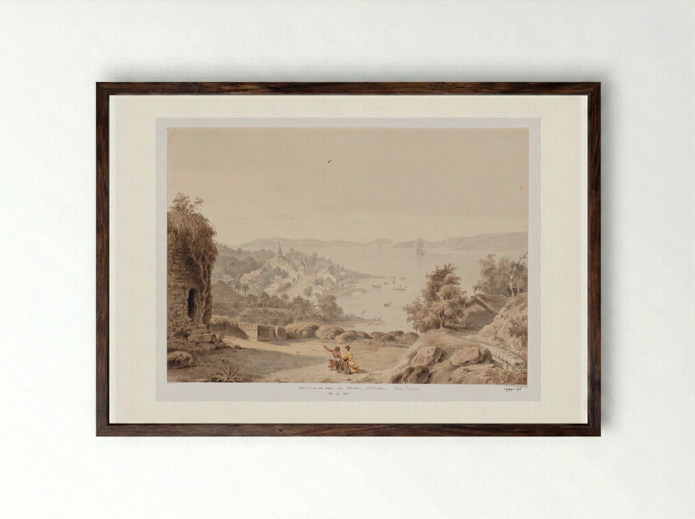 Gezicht op Ternate en de rede van Ternate - Adrianus Johannes Bik - Framed Print Dark Wood