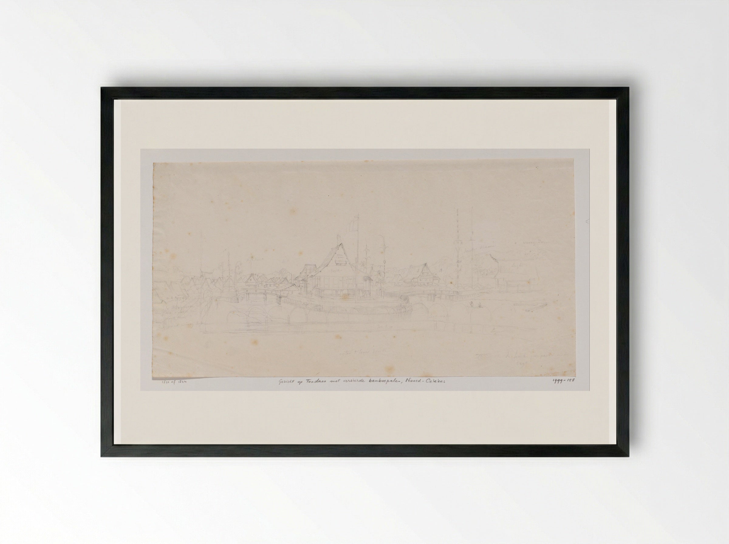 Gezicht op Tondano met versierde bamboepalen, Noord-Celebes - Adrianus Johannes Bik - Framed Print Black