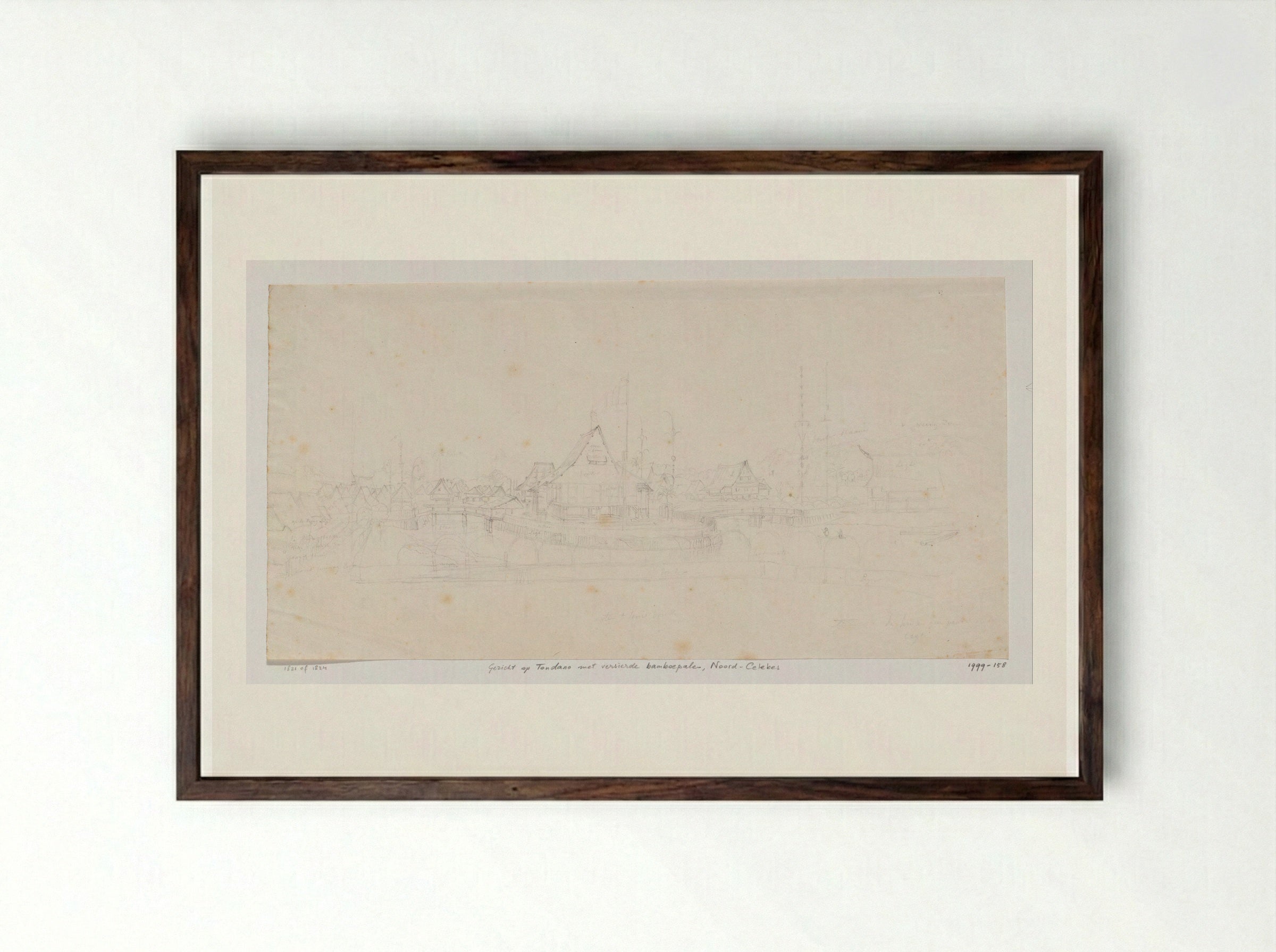 Gezicht op Tondano met versierde bamboepalen, Noord-Celebes - Adrianus Johannes Bik - Framed Print Dark Wood