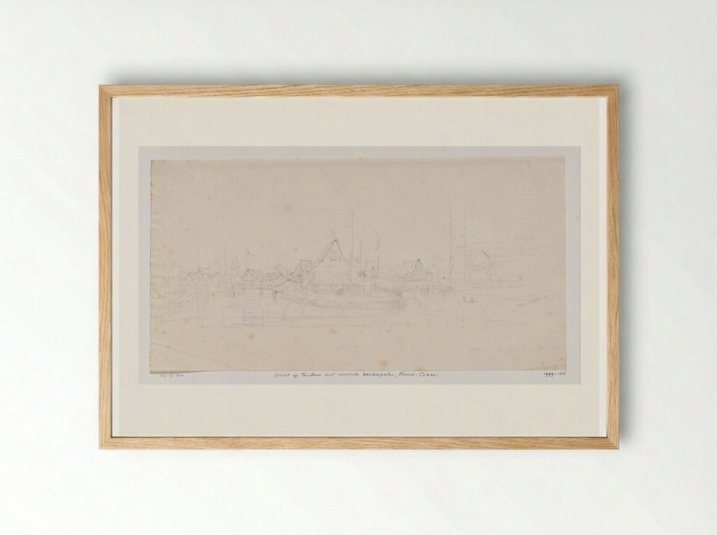Gezicht op Tondano met versierde bamboepalen, Noord-Celebes - Adrianus Johannes Bik - Framed Print Wood