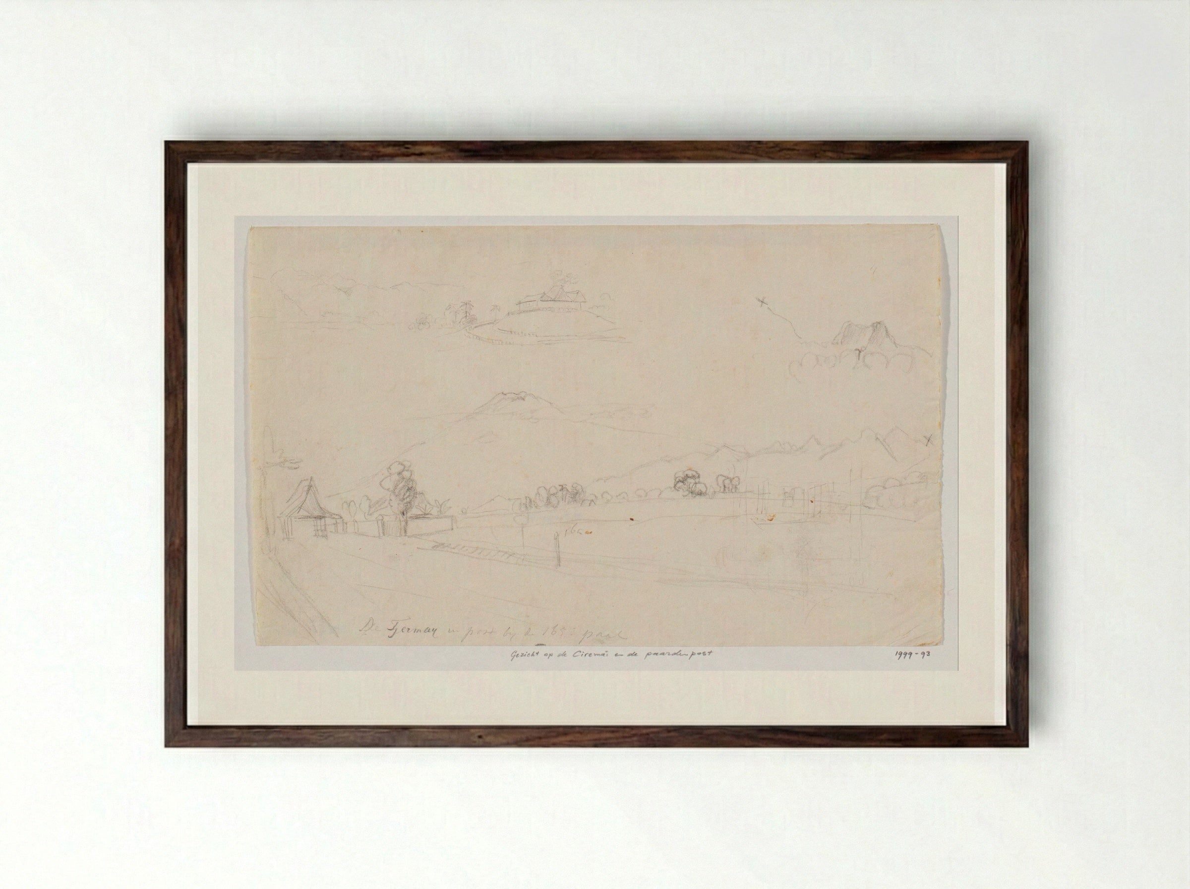 Gezicht op de Ciremai en paardenpost - Adrianus Johannes Bik - Framed Print Dark Wood