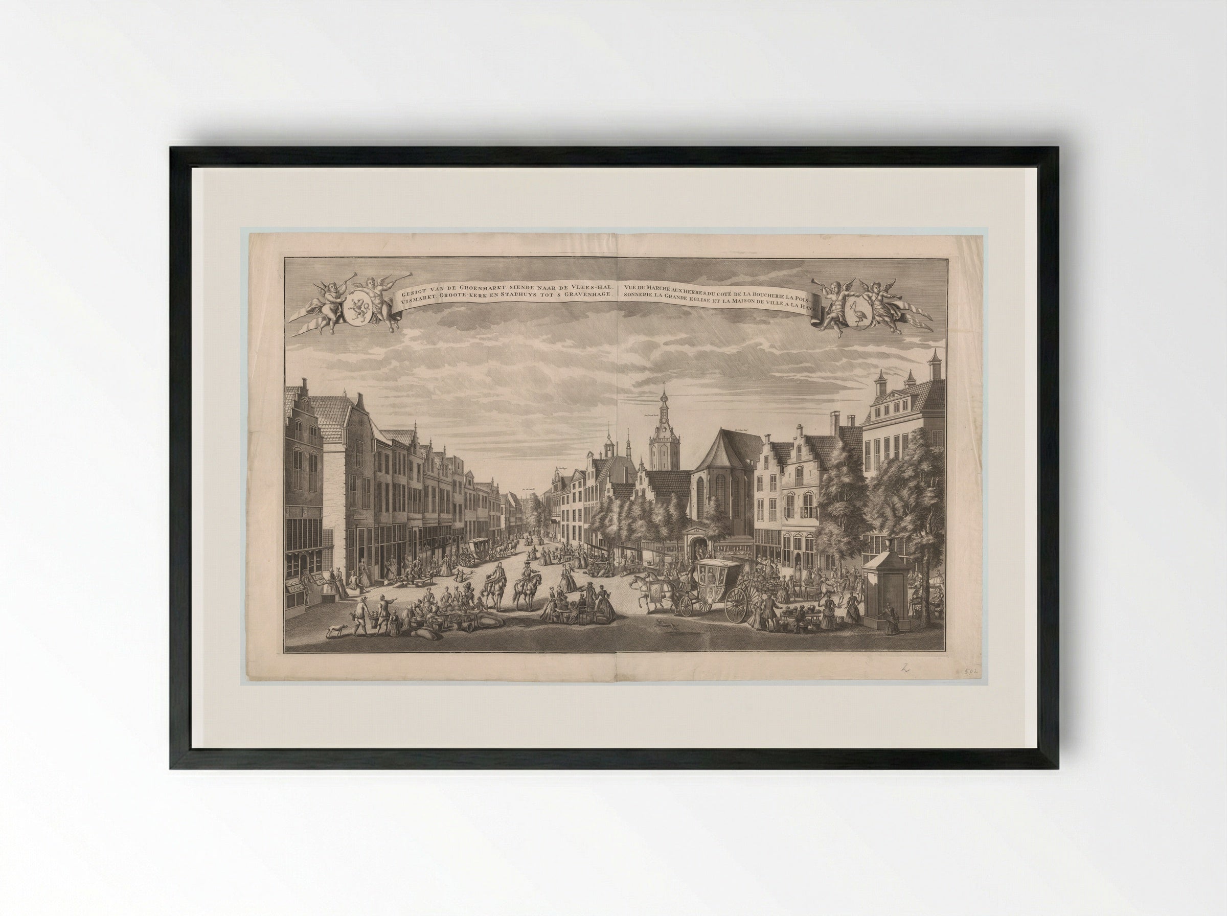 Gezicht op de Groenmarkt, de Vleeshal en Grote Kerk in Den Haag - Leonard Schenk - Framed Print Black