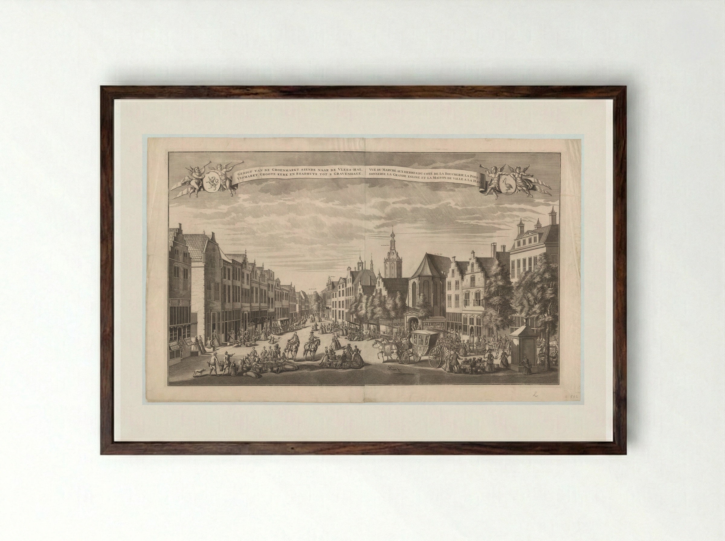 Gezicht op de Groenmarkt, de Vleeshal en Grote Kerk in Den Haag - Leonard Schenk - Framed Print Dark Wood