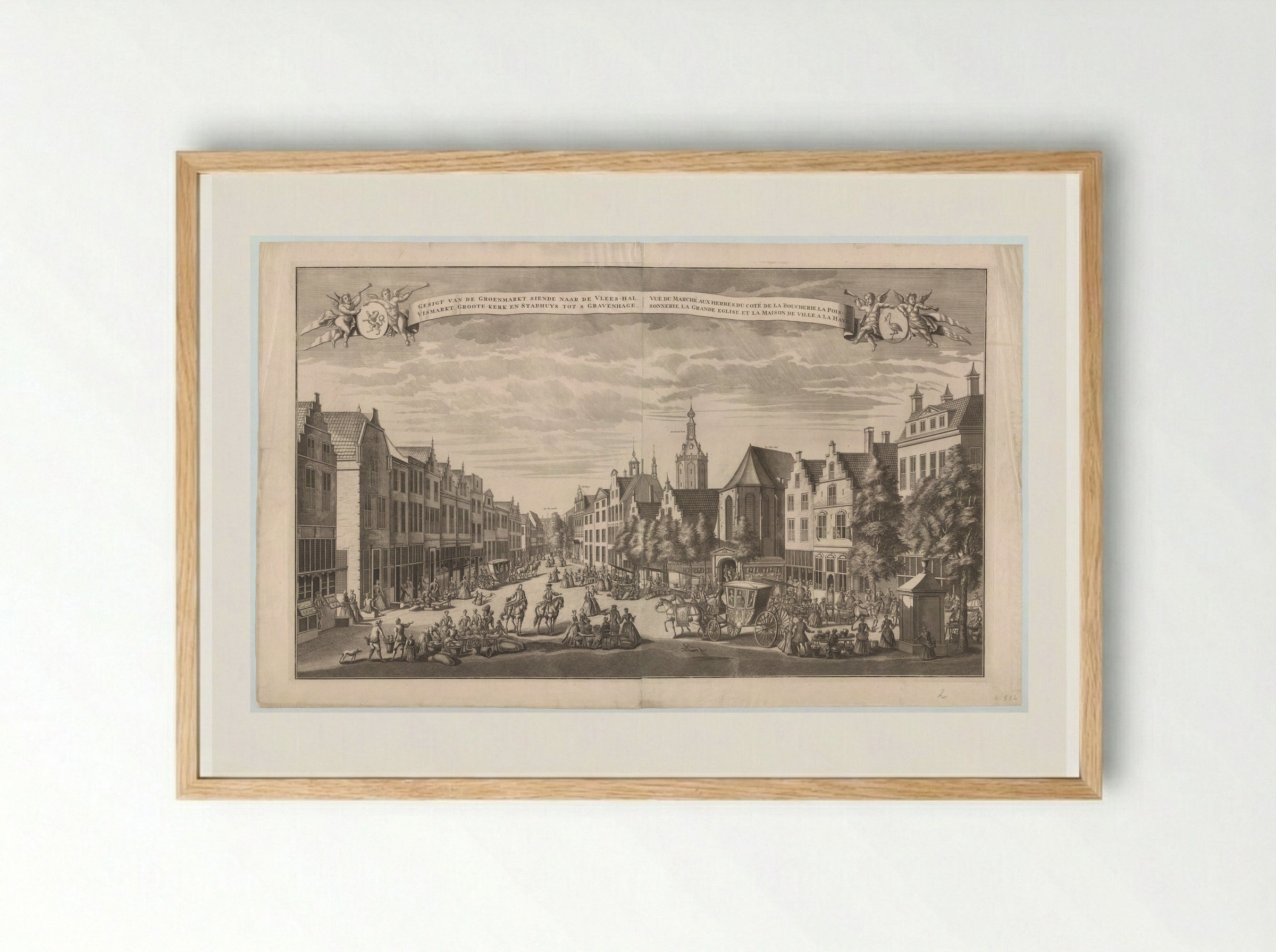 Gezicht op de Groenmarkt, de Vleeshal en Grote Kerk in Den Haag - Leonard Schenk - Framed Print Wood