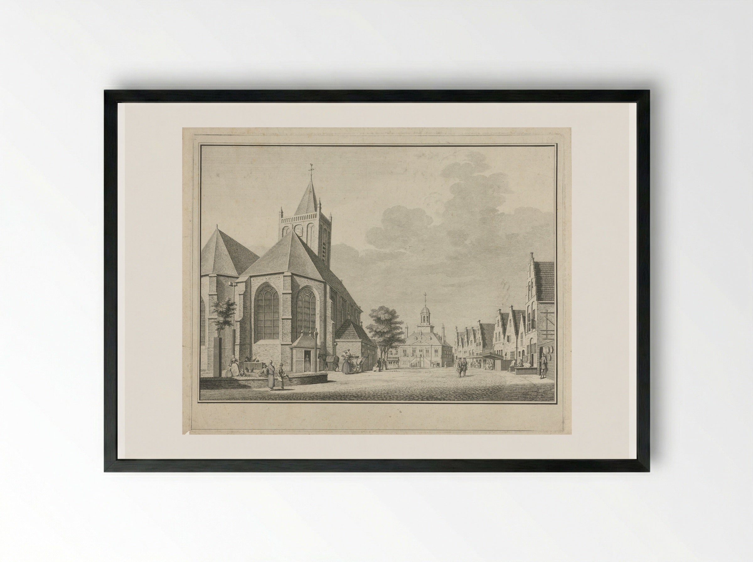 Gezicht op de Grote Kerk en het Oude Stadhuis aan de Markt te Vlaardingen - Jan Caspar Philips - Framed Print Black