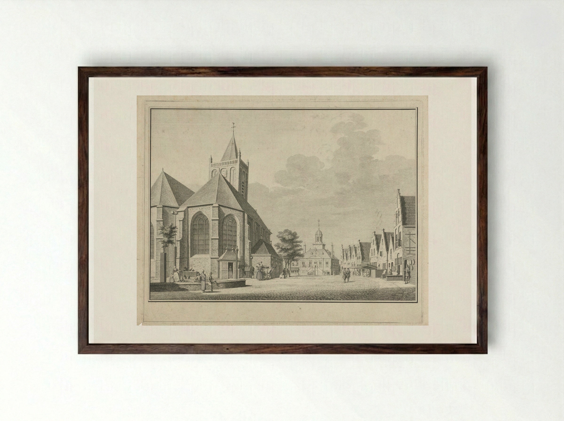 Gezicht op de Grote Kerk en het Oude Stadhuis aan de Markt te Vlaardingen - Jan Caspar Philips - Framed Print Dark Wood