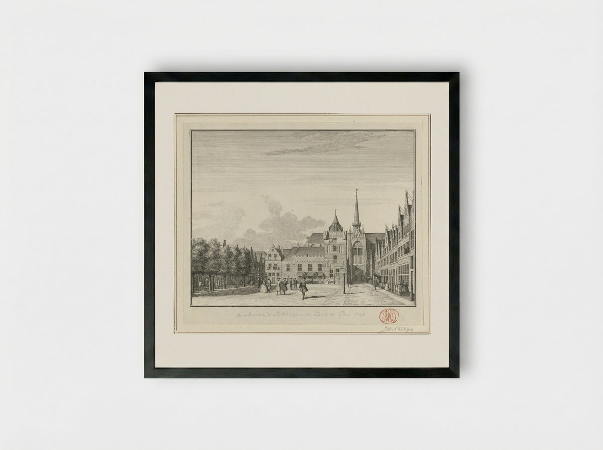 Gezicht op de Grote Markt, het stadhuis en de Grote Kerk te Goes - Jan Caspar Philips - Framed Print Black