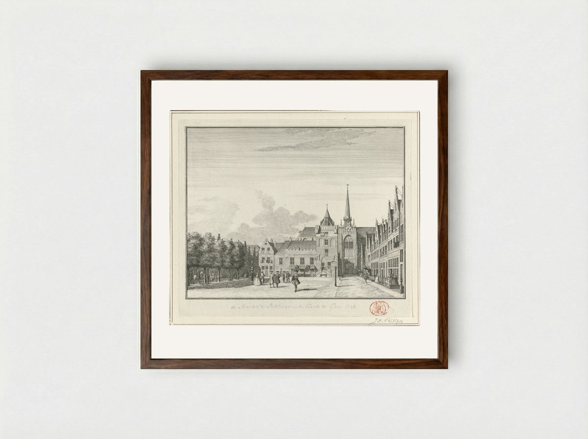 Gezicht op de Grote Markt, het stadhuis en de Grote Kerk te Goes - Jan Caspar Philips - Framed Print Dark Wood