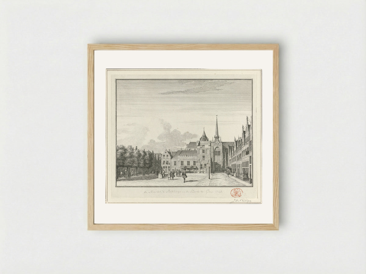 Gezicht op de Grote Markt, het stadhuis en de Grote Kerk te Goes - Jan Caspar Philips - Framed Print Wood