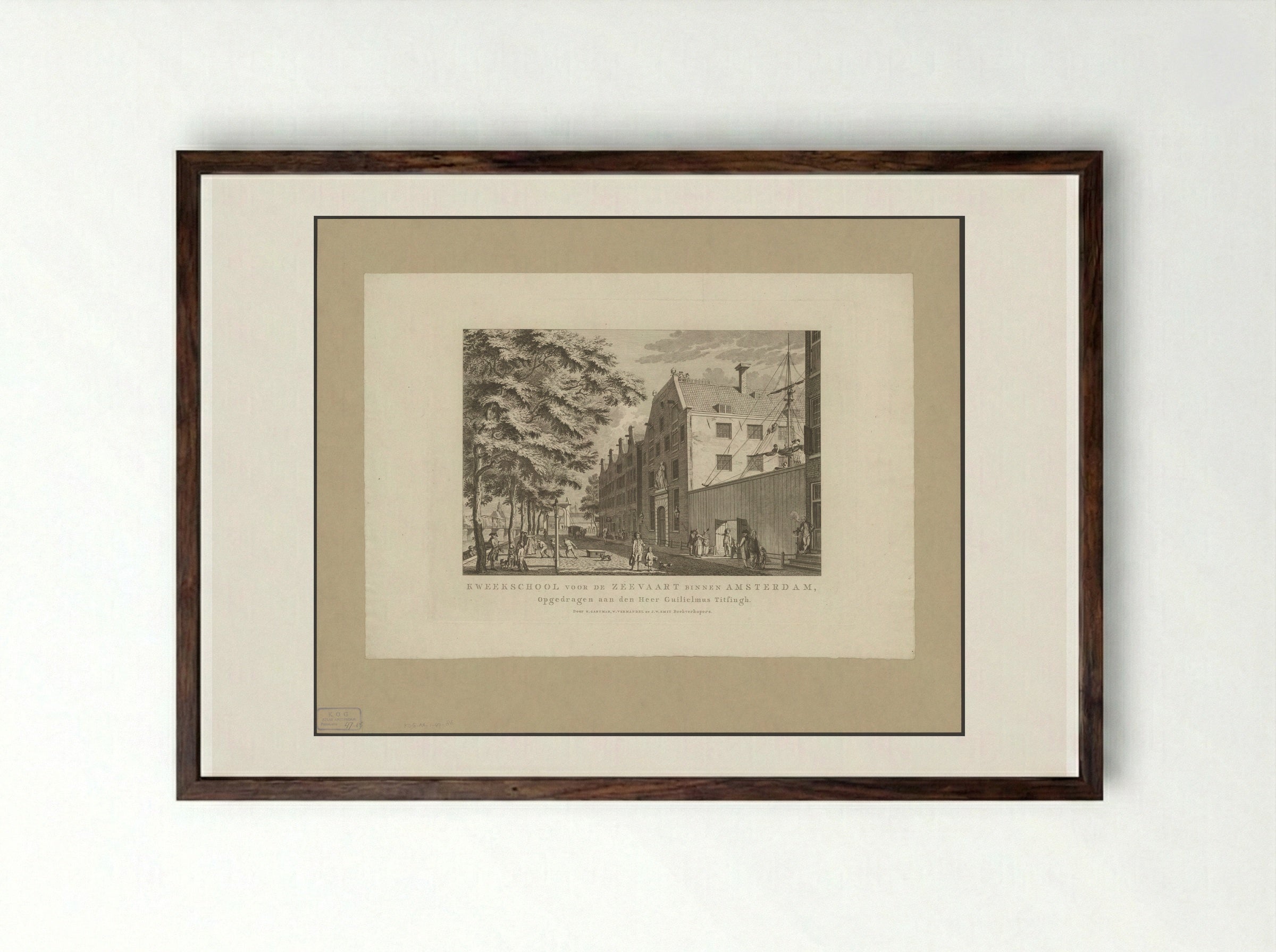 Gezicht op de Kweekschool voor de Zeevaart te Amsterdam - Cornelis Brouwer - Framed Print Dark Wood
