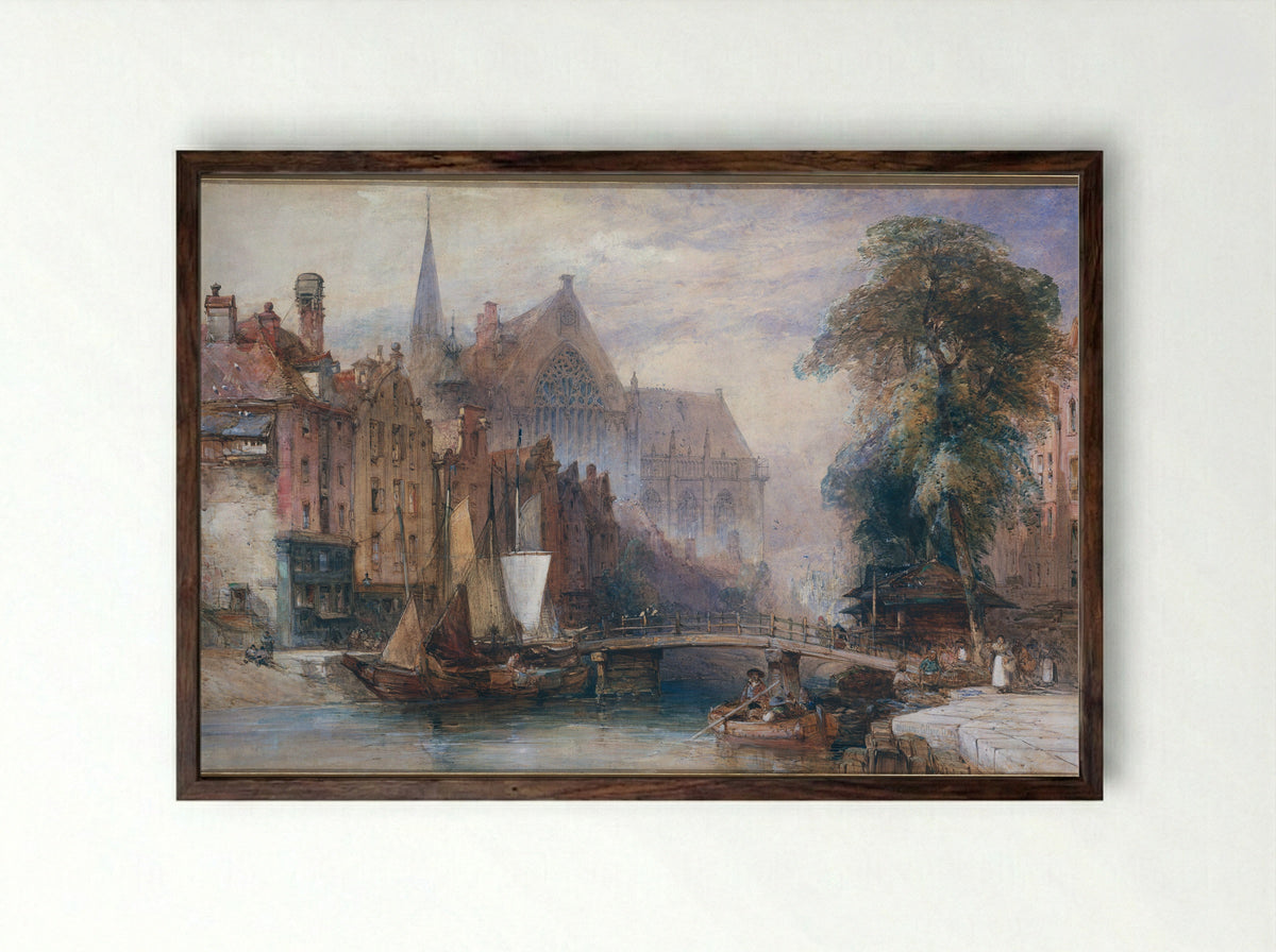 Gezicht op de Nieuwe Kerk en de Nieuwezijds Voorburgwal te Amsterdam, vanuit het Noorden - William Callow - Framed Print Dark Wood