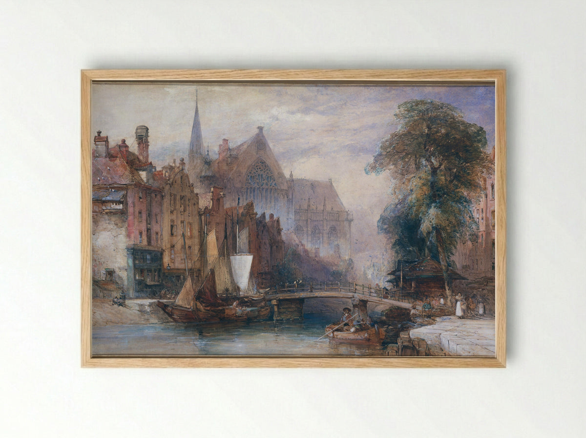 Gezicht op de Nieuwe Kerk en de Nieuwezijds Voorburgwal te Amsterdam, vanuit het Noorden - William Callow - Framed Print Wood