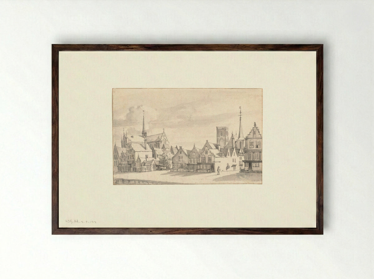 Gezicht op de Nieuwezijds Voorburgwal - Gerrit van Lambertsz - Framed Print Dark Wood