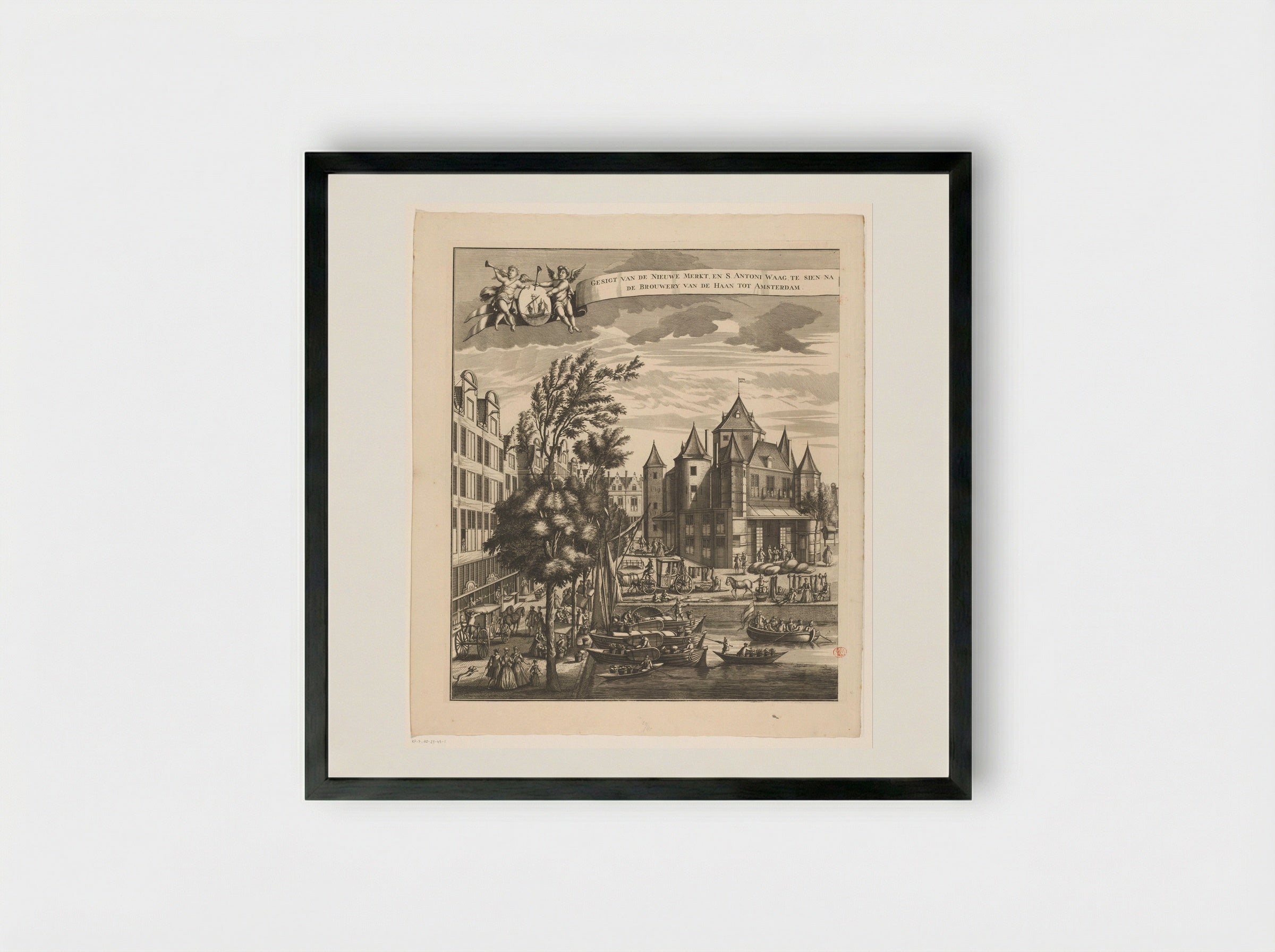 Gezicht op de Nieuwmarkt te Amsterdam (linkerdeel) - Leonard Schenk - Framed Print Black