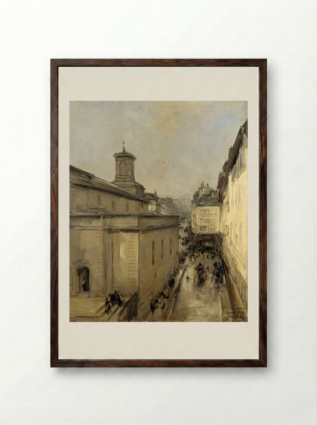Gezicht op de Notre Dame de Lorette en de Rue Fléchier te Parijs - Antoine Vollon - Framed Print Dark Wood