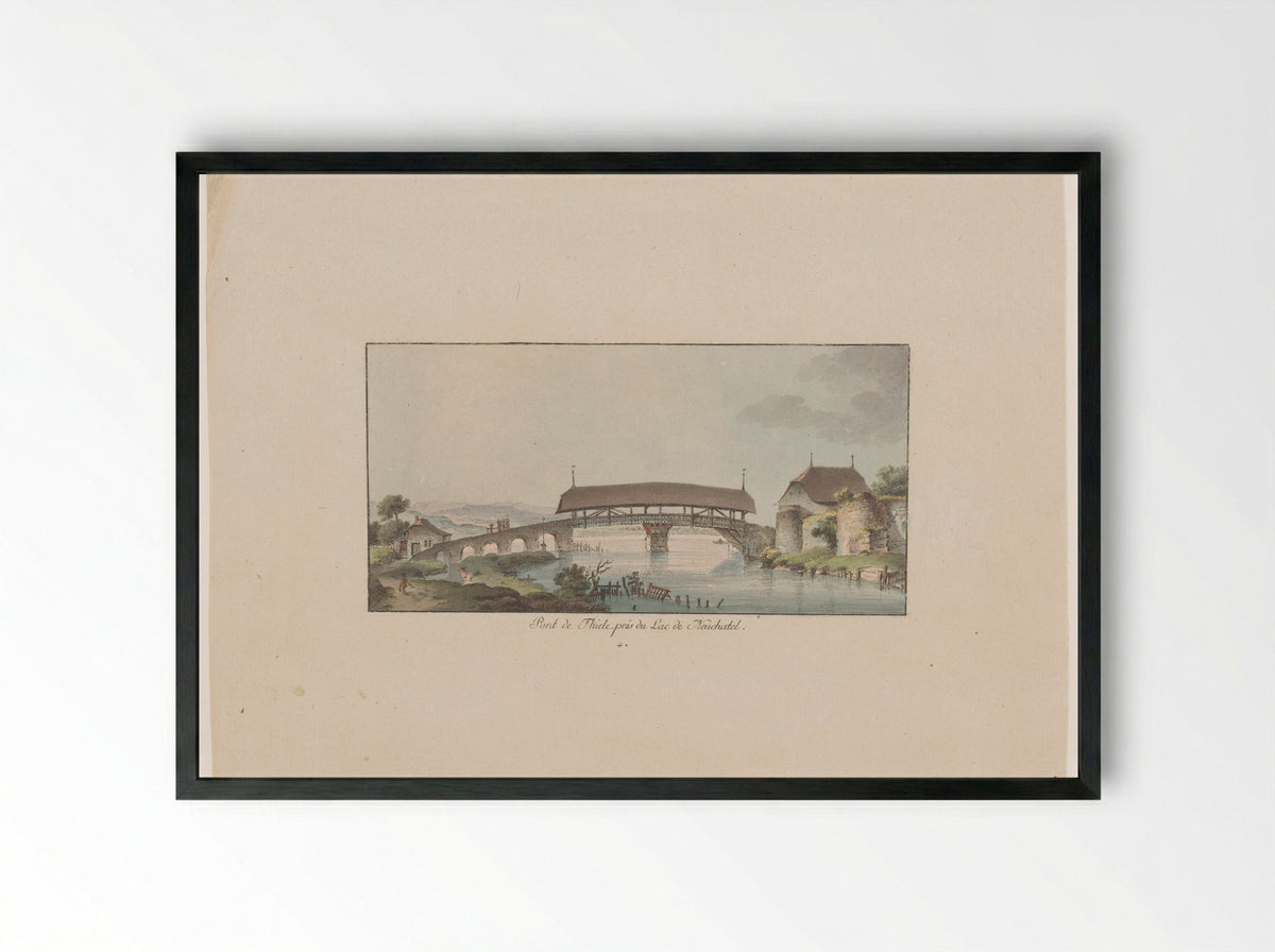 Gezicht op de Pont de Thiele bij het Lac de Neuchâtel - Johann Ludwig Aberli - Framed Print Black