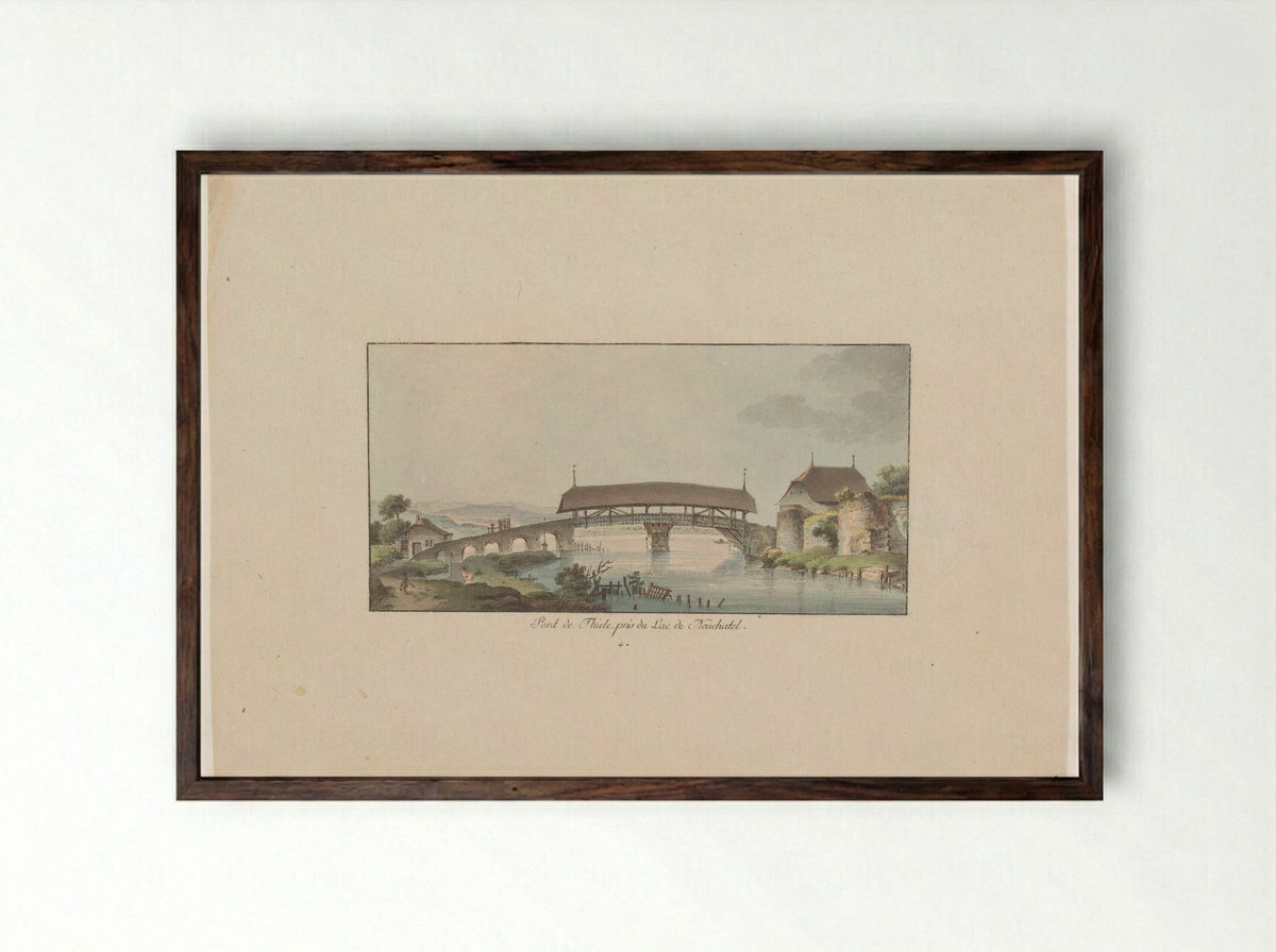 Gezicht op de Pont de Thiele bij het Lac de Neuchâtel - Johann Ludwig Aberli - Framed Print Dark Wood