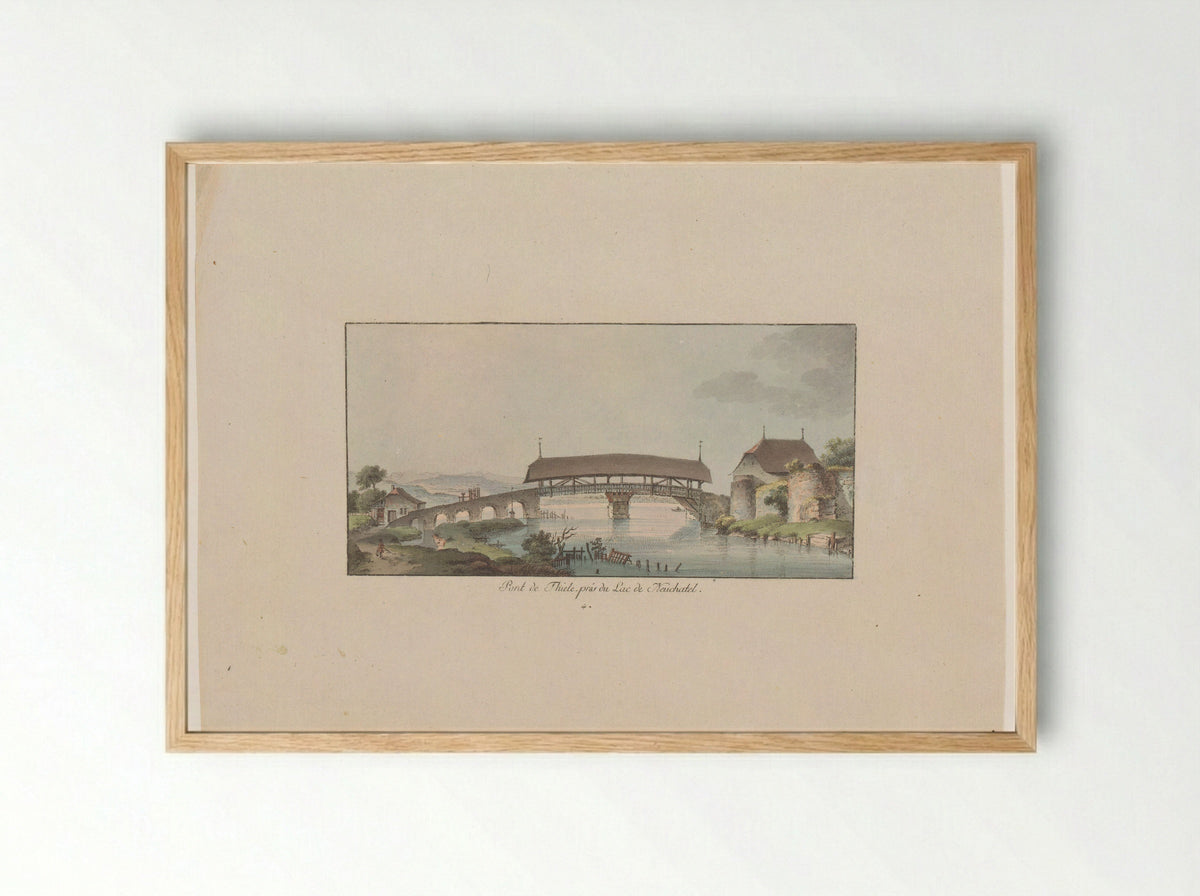 Gezicht op de Pont de Thiele bij het Lac de Neuchâtel - Johann Ludwig Aberli - Framed Print Wood