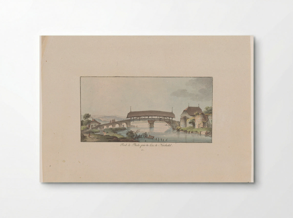 Gezicht op de Pont de Thiele bij het Lac de Neuchâtel - Johann Ludwig Aberli - Poster