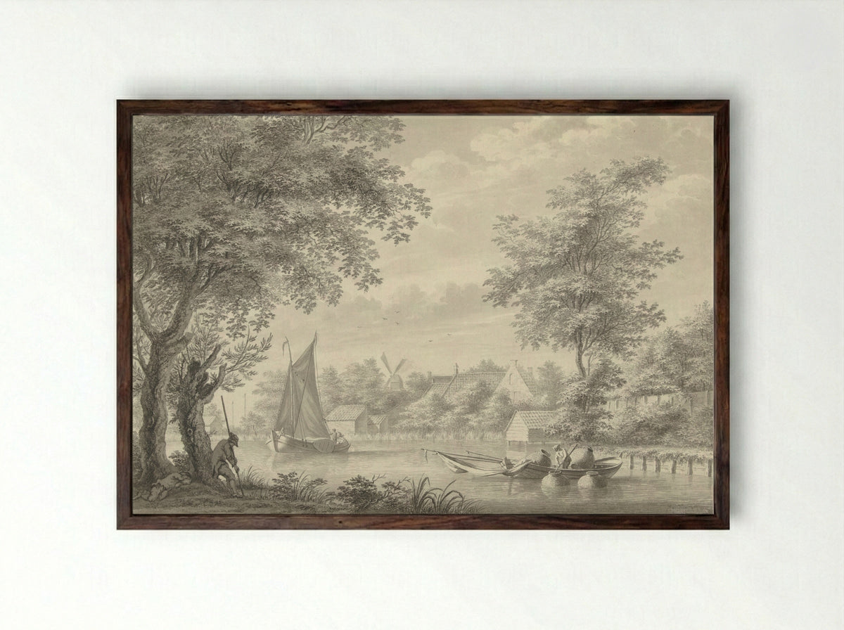 Gezicht op de Schinkel met een zeilschip en een visser - Gerard van Rossum - Framed Print Dark Wood