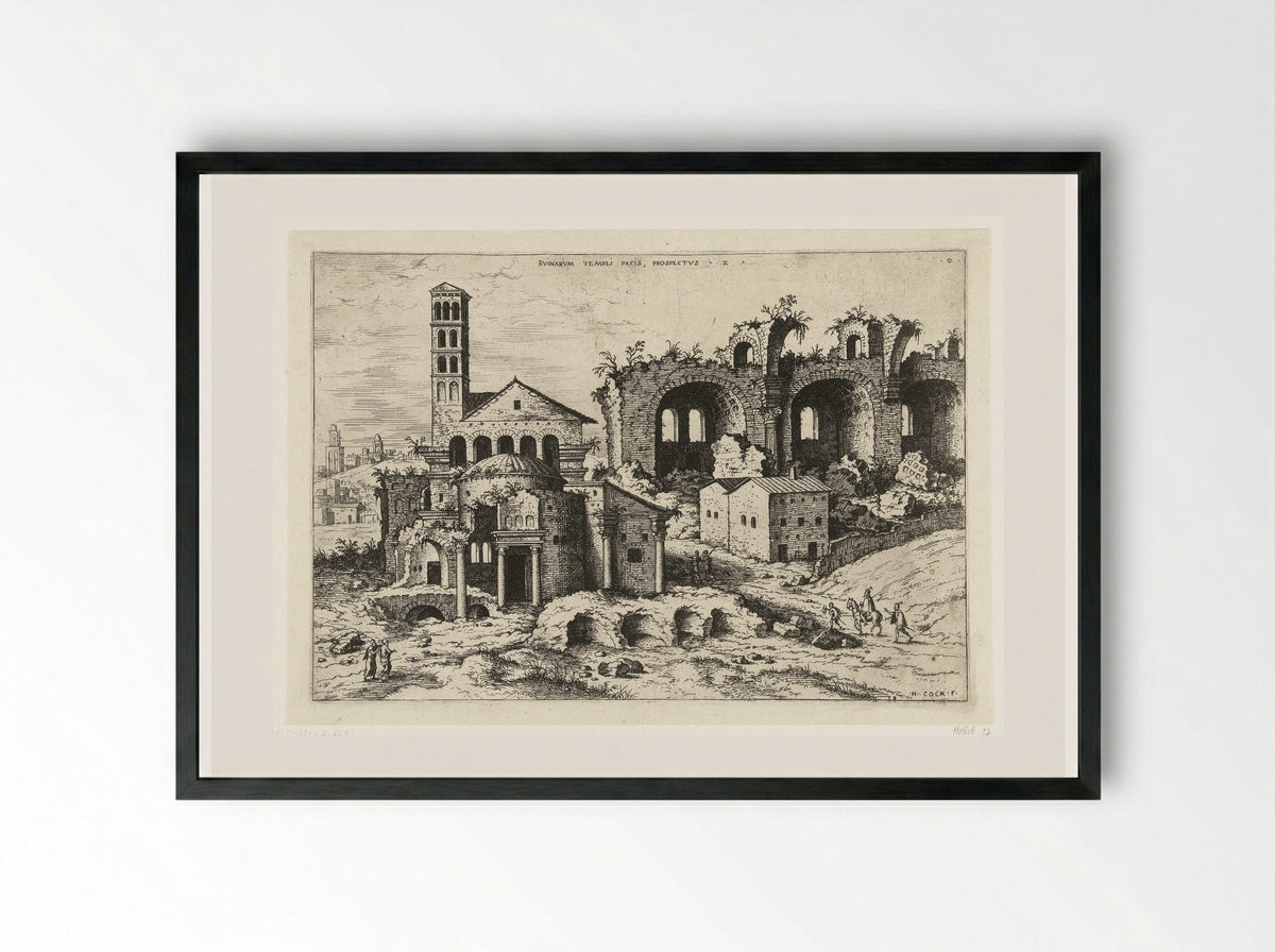 Gezicht op de Tempel van Romulus en de basiliek van Constantijn - Hieronymus Cock - Framed Print Black