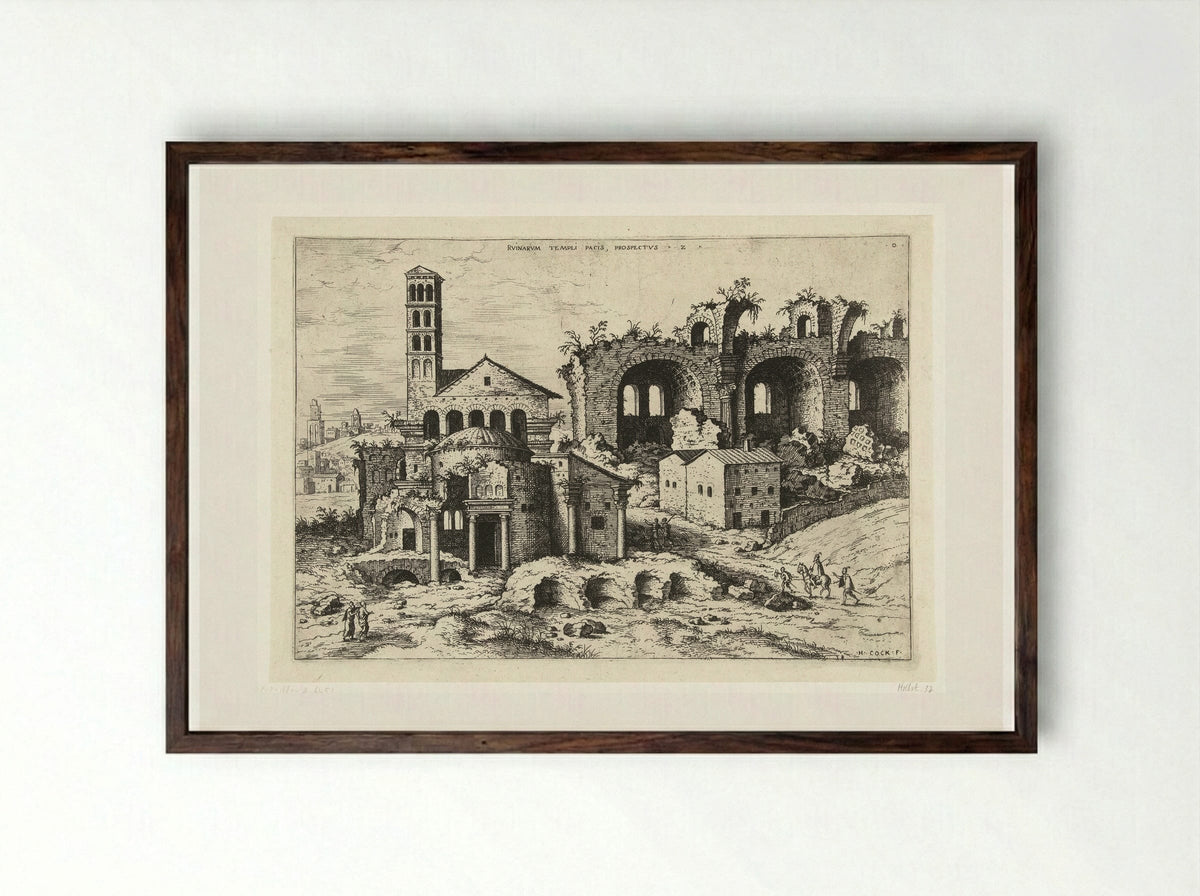 Gezicht op de Tempel van Romulus en de basiliek van Constantijn - Hieronymus Cock - Framed Print Dark Wood