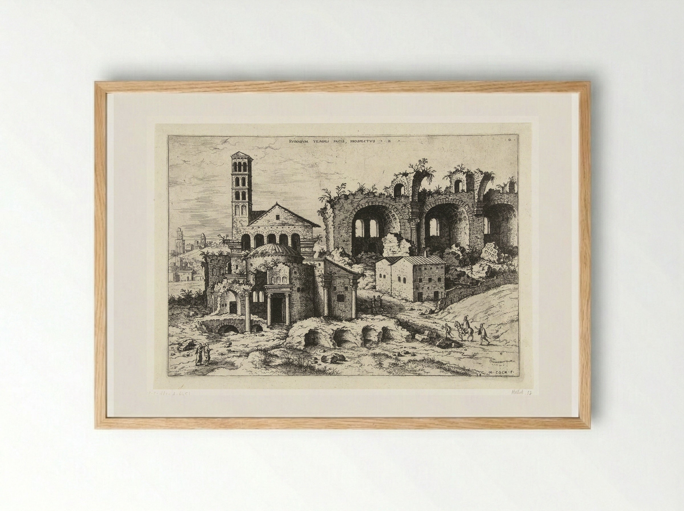 Gezicht op de Tempel van Romulus en de basiliek van Constantijn - Hieronymus Cock - Framed Print Wood