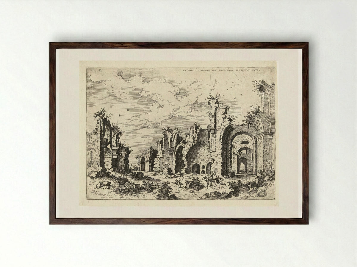 Gezicht op de Thermen van Diocletianus - Hieronymus Cock - Framed Print Dark Wood