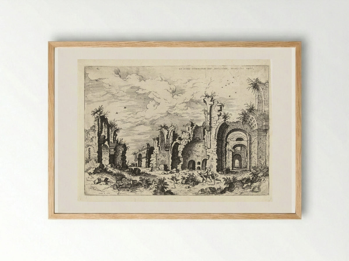 Gezicht op de Thermen van Diocletianus - Hieronymus Cock - Framed Print Wood