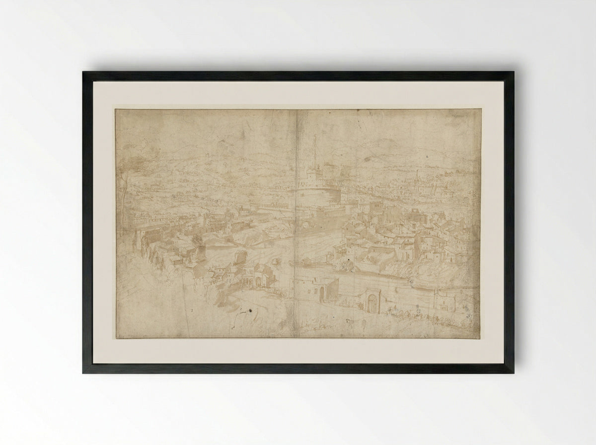 Gezicht op de Tiber en de Castel Sant' Angelo - Antoni van den Wijngaerde - Framed Print Black