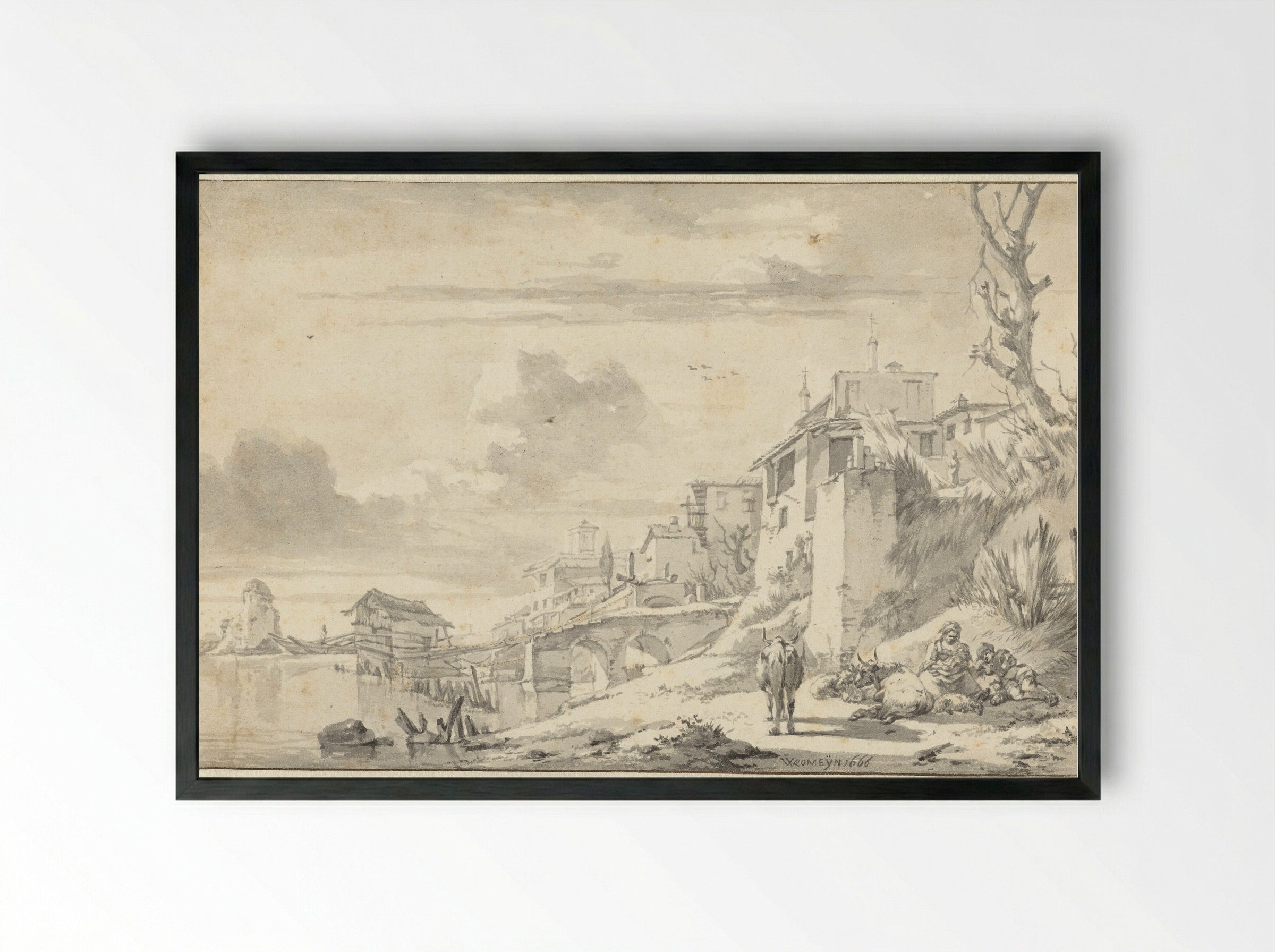 Gezicht op de Tiberoever - Willem Romeyn - Framed Print Black