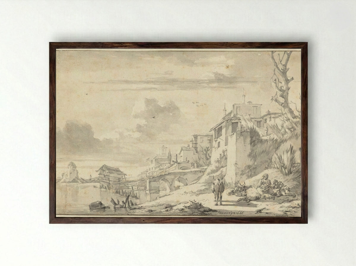 Gezicht op de Tiberoever - Willem Romeyn - Framed Print Dark Wood