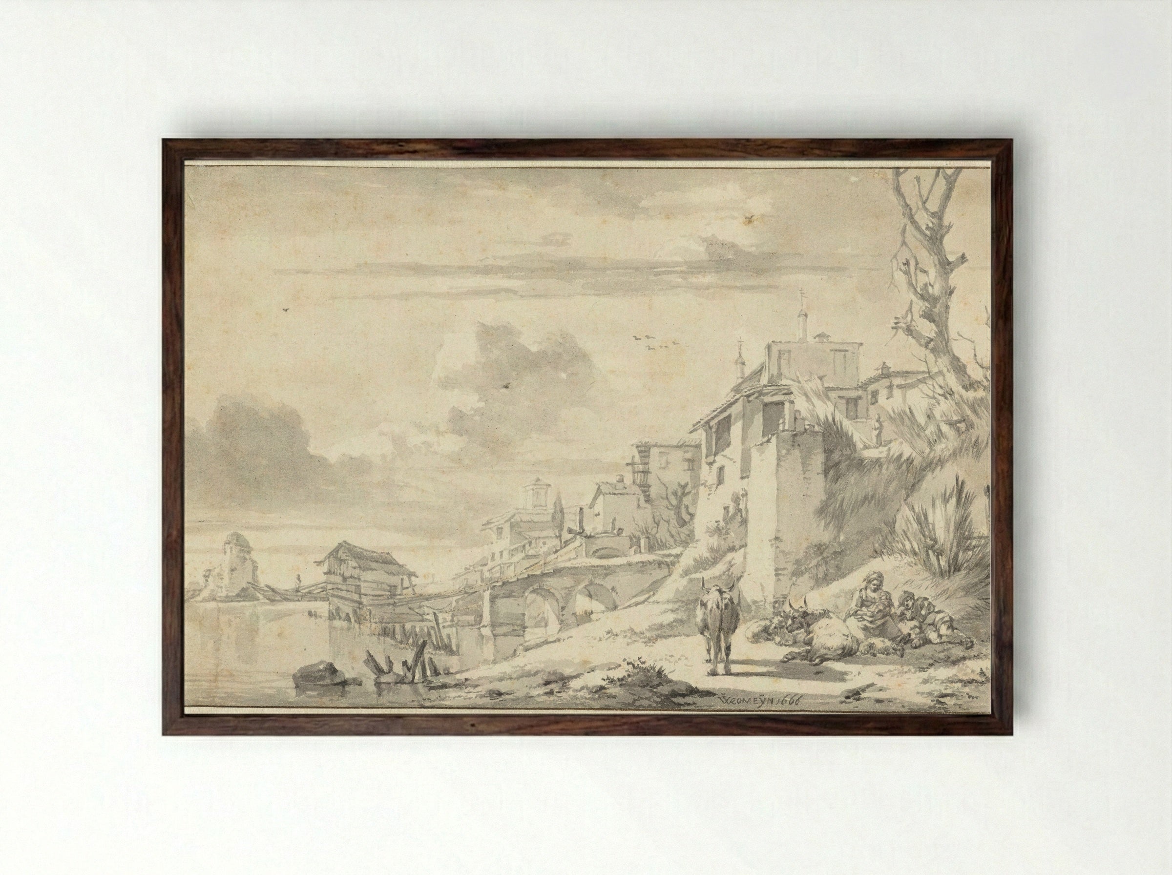 Gezicht op de Tiberoever - Willem Romeyn - Framed Print Dark Wood