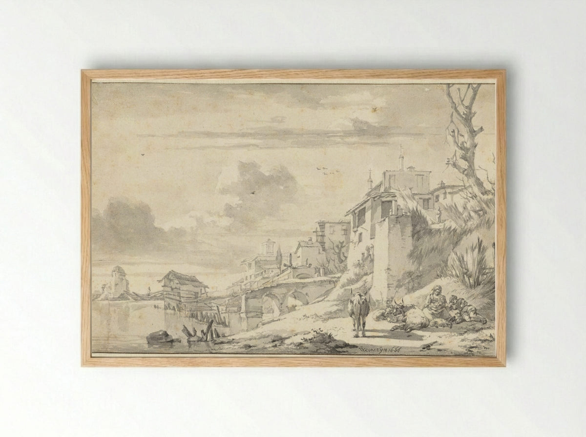 Gezicht op de Tiberoever - Willem Romeyn - Framed Print Wood