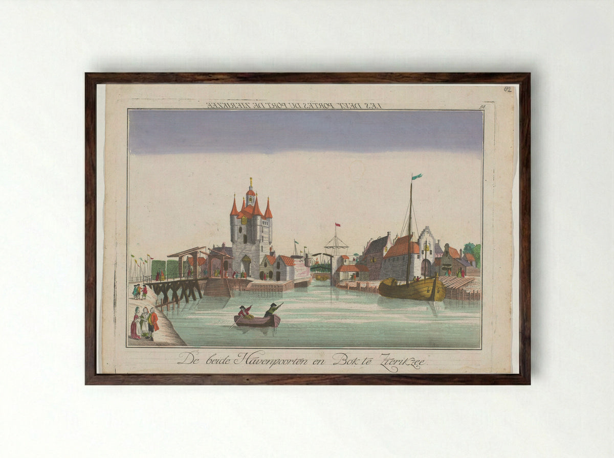 Gezicht op de Zuidhavenpoort en de Noordhavenpoort te Zierikzee - Johann Balthasar Probst - Framed Print Dark Wood