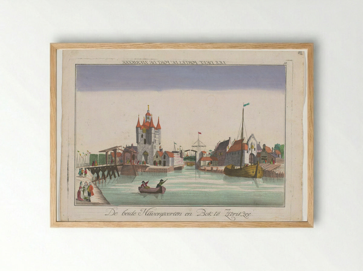 Gezicht op de Zuidhavenpoort en de Noordhavenpoort te Zierikzee - Johann Balthasar Probst - Framed Print Wood