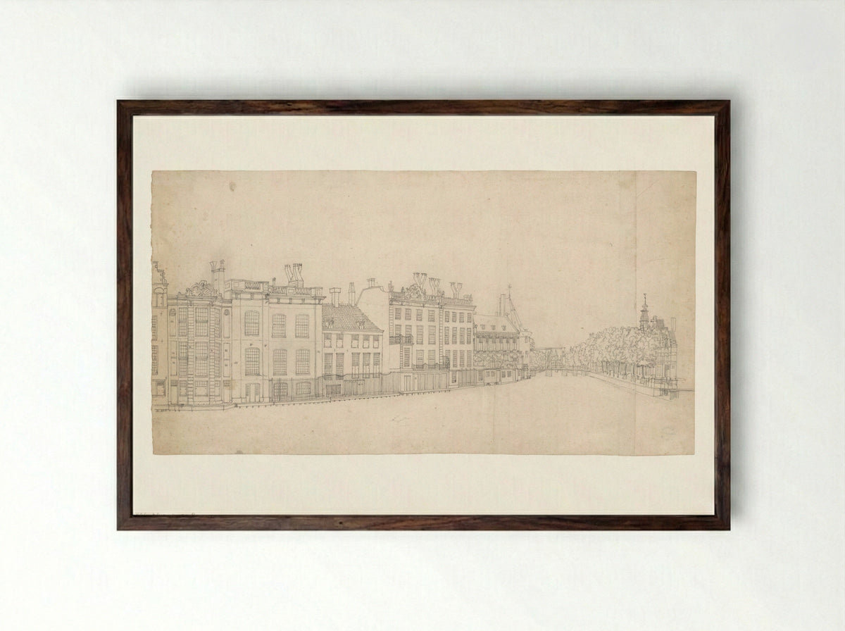 Gezicht op de achterzijde van de Doelenstraat en ingang van de Kloveniersburgwal - Jan Spaan - Framed Print Dark Wood