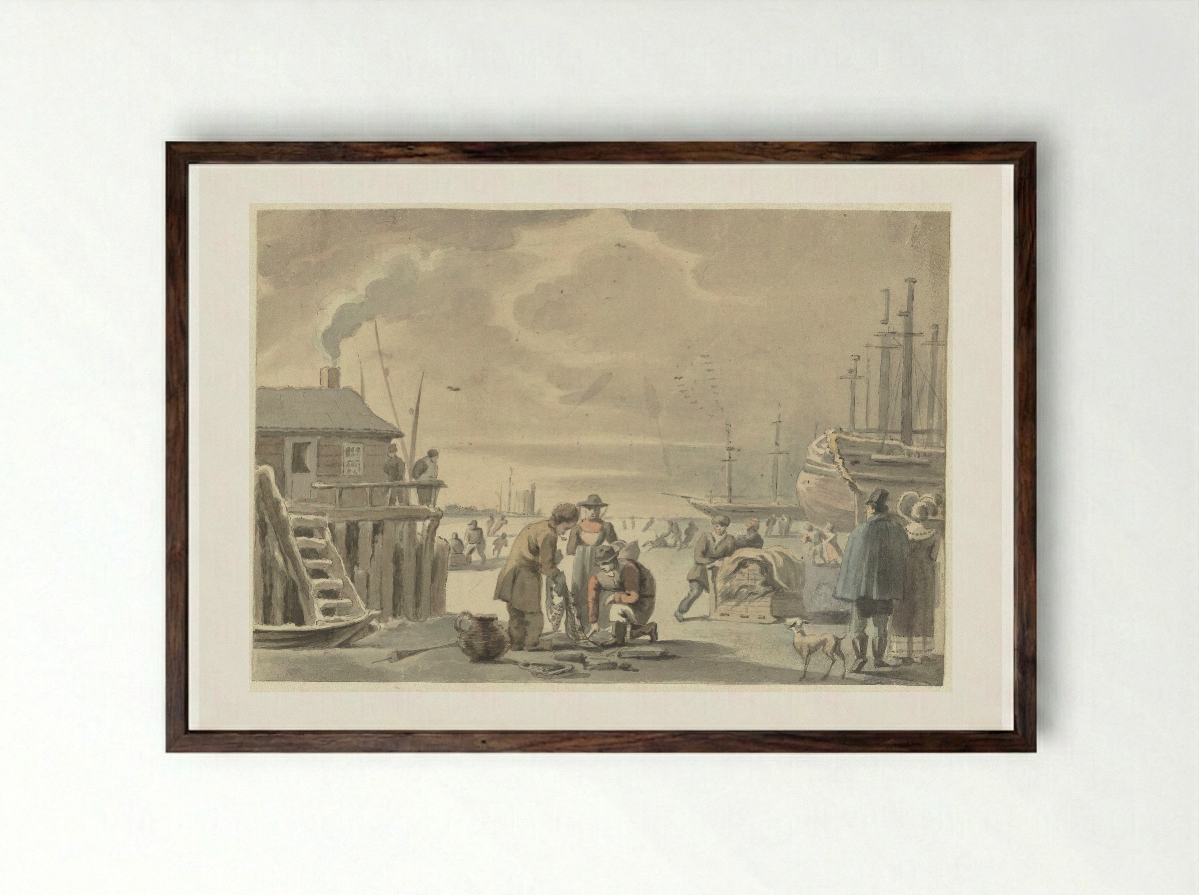 Gezicht op de bevroren Merwede bij Moerdijk - Aert Schouman - Framed Print Dark Wood