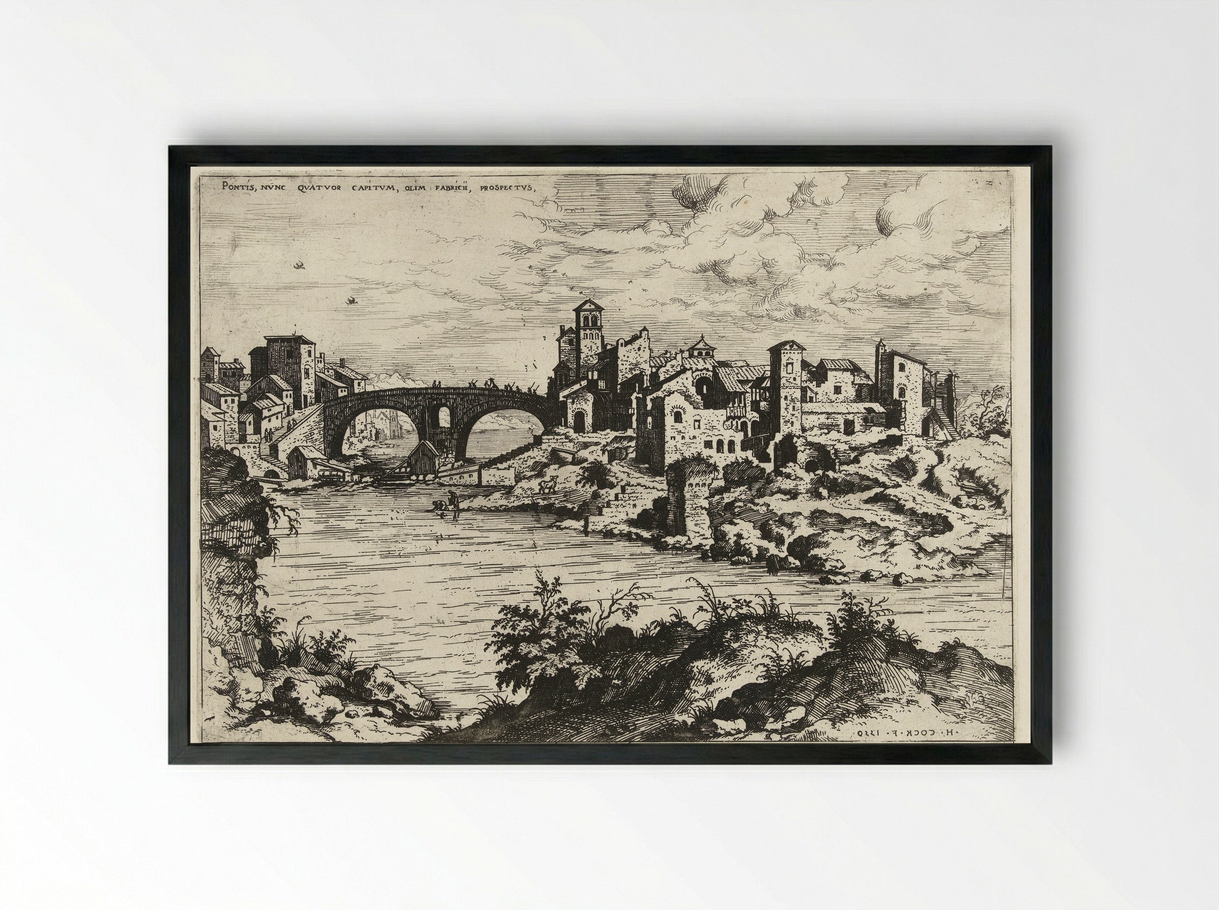 Gezicht op de brug van Fabricius te Rome - Hieronymus Cock - Framed Print Black