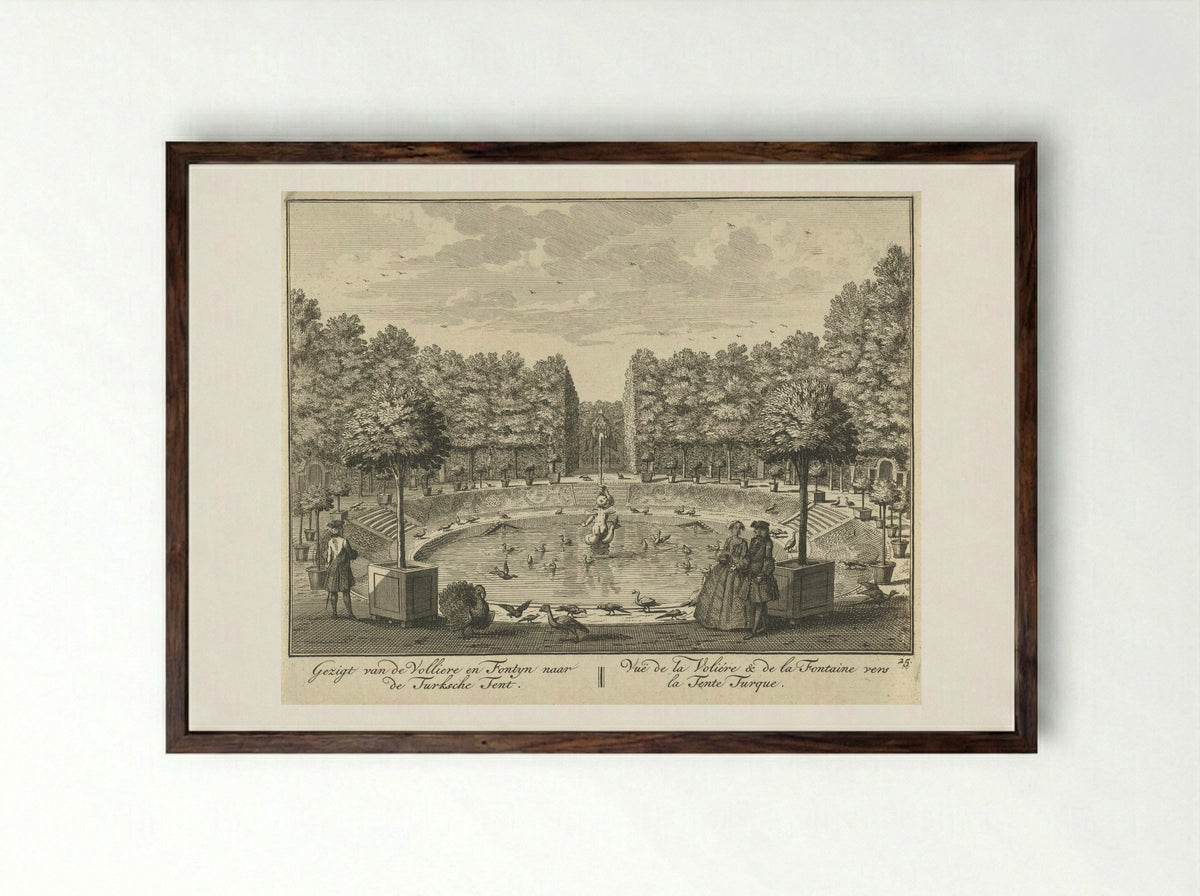 Gezicht op de grote fontein en de Turkse Tent in de tuin van Huis ter Meer te Maarssen - Hendrik de Leth - Framed Print Dark Wood