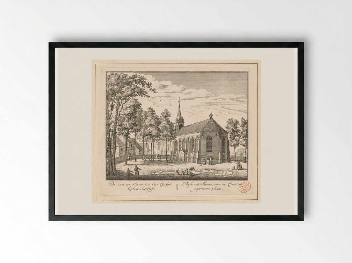Gezicht op de kerk en het kerkhof te Sloten - Abraham Rademaker - Framed Print Black
