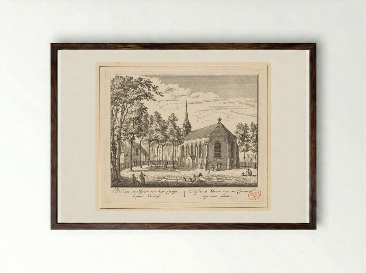 Gezicht op de kerk en het kerkhof te Sloten - Abraham Rademaker - Framed Print Dark Wood