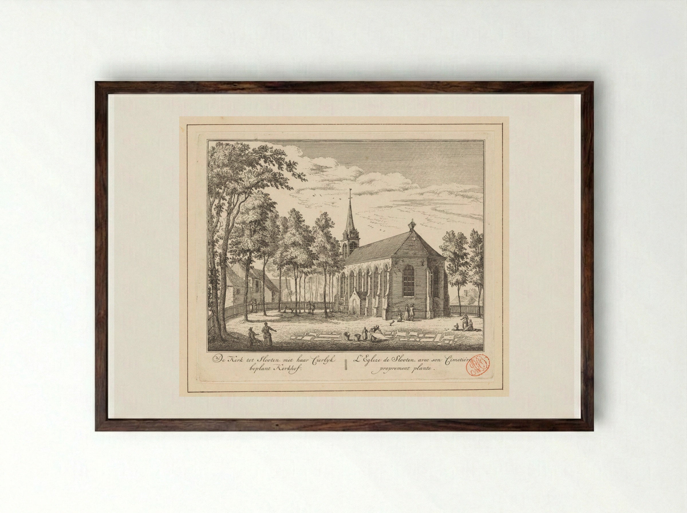Gezicht op de kerk en het kerkhof te Sloten - Abraham Rademaker - Framed Print Dark Wood