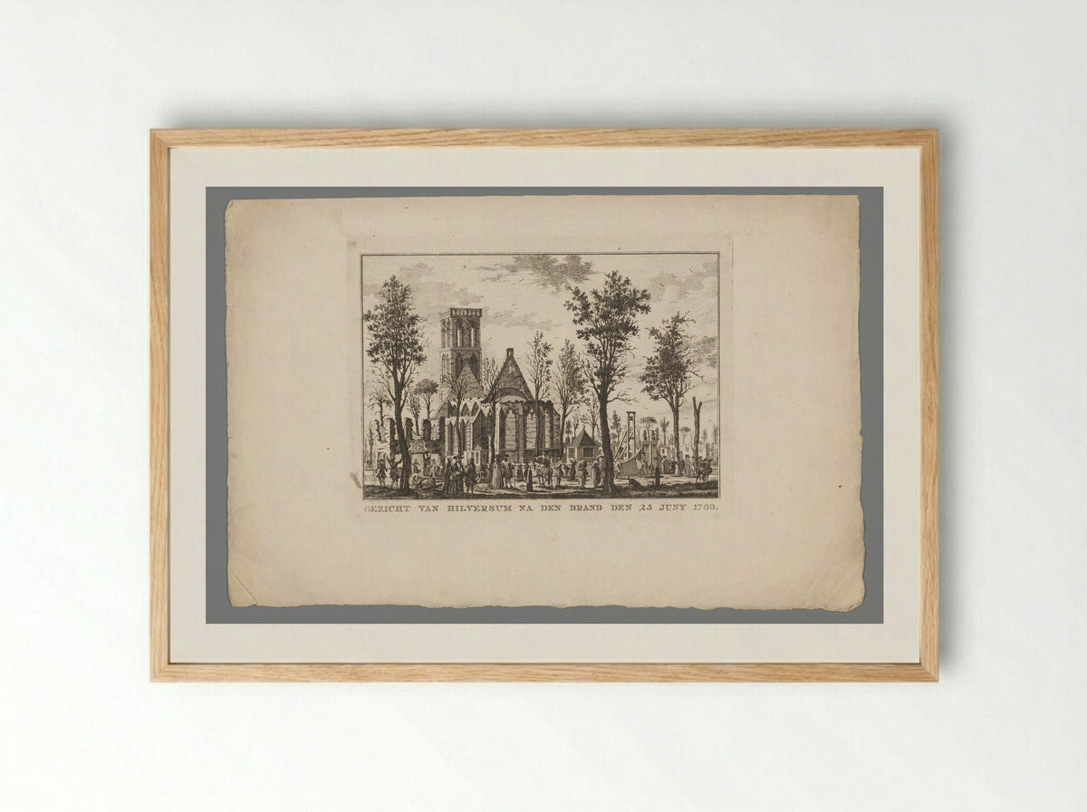 Gezicht op de kerk en het rechthuis van Hilversum na de brand van 1766 - Willem Writs - Framed Print Wood