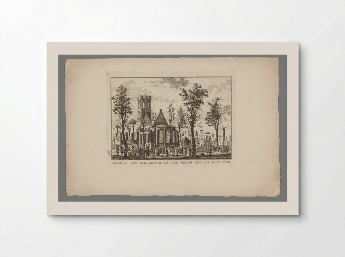 Gezicht op de kerk en het rechthuis van Hilversum na de brand van 1766 - Willem Writs - Poster