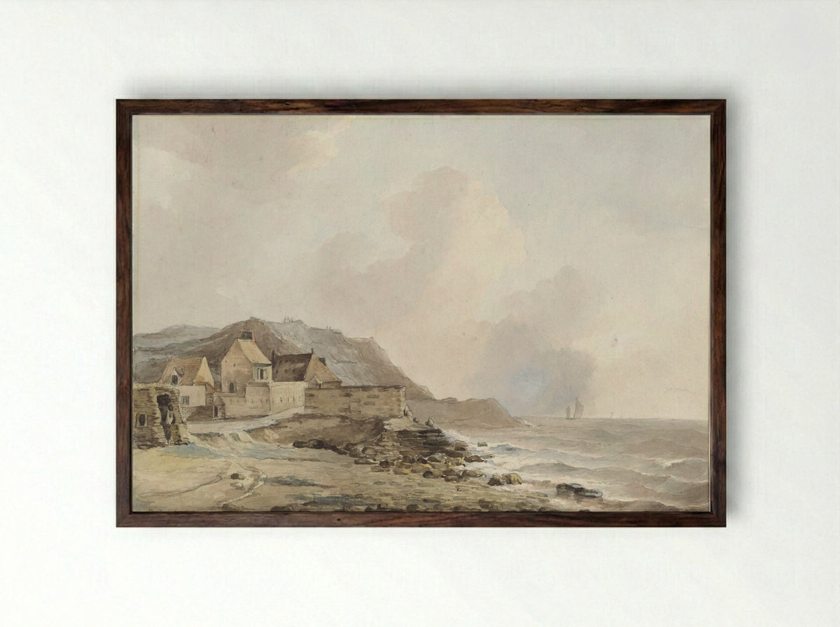 Gezicht op de kust bij Boulogne sur Mer - Petrus Johannes Schotel - Framed Print Dark Wood