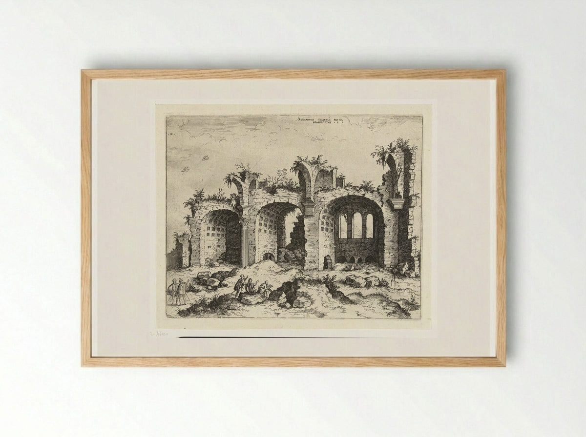 Gezicht op de ruïne van de basiliek van Constantijn - Hieronymus Cock - Framed Print Wood